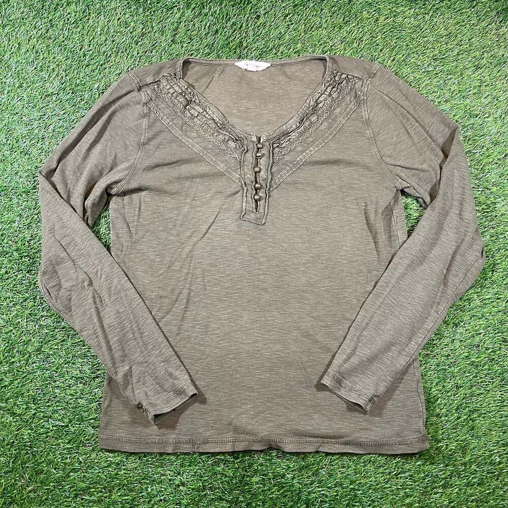 Lucky Brand Women's Long Sleeve Ribbed Henley Top with Lace and Ruffle Trim